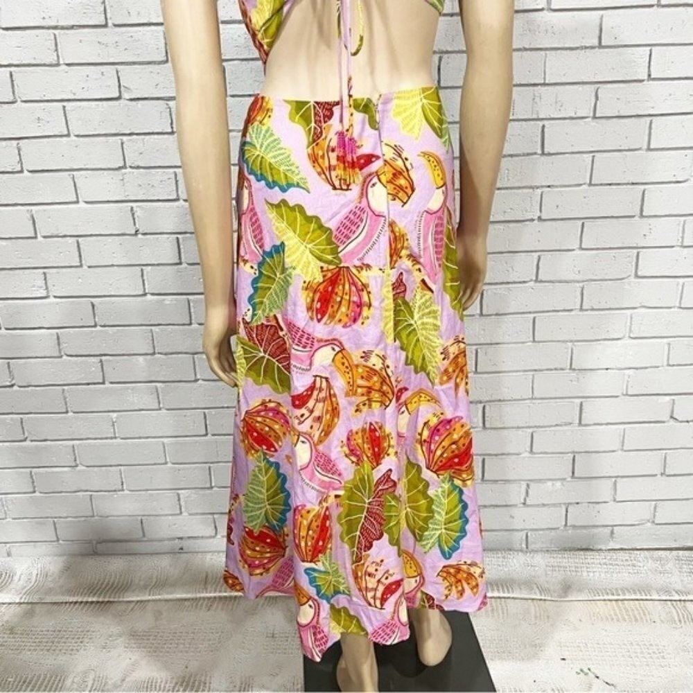 Farm Rio Lilac Beaks and Bananas Print Cutout Midi Dress Button Front Womens | M - Picture 11 of 16